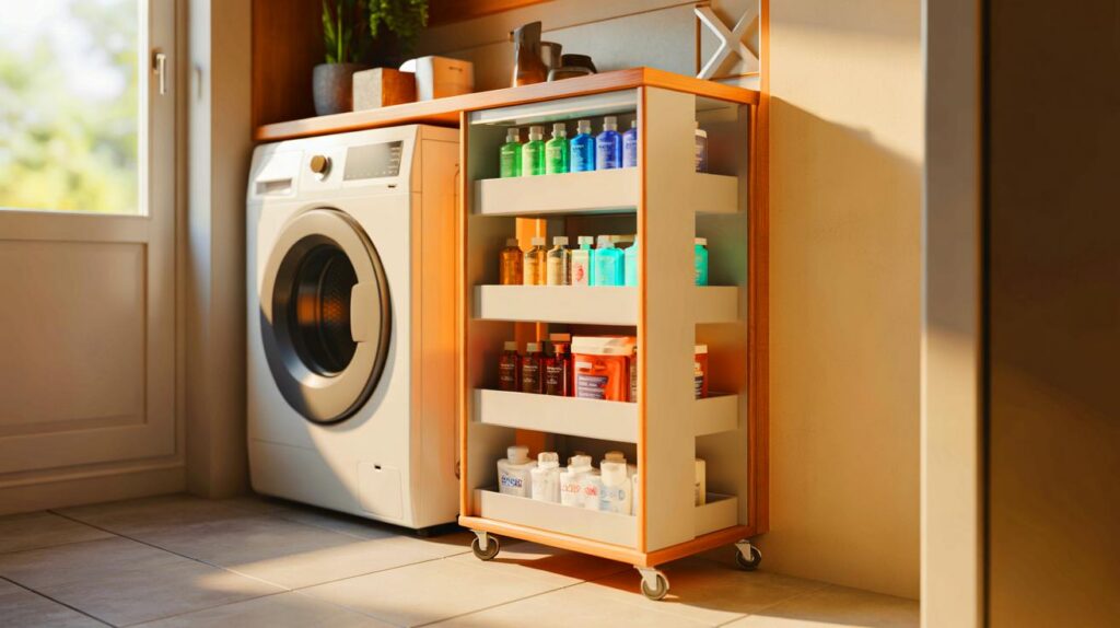 Crea una estantería estrecha para detergentes y ahorra espacio en tu lavandería