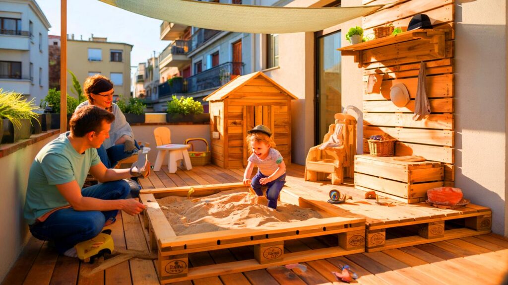 Una familia convierte su terraza en rincón de juegos infantil con madera reciclada