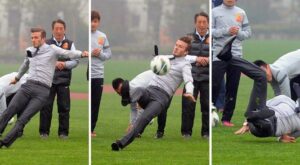 Beckham se cae y muestra el torso en su visita a China